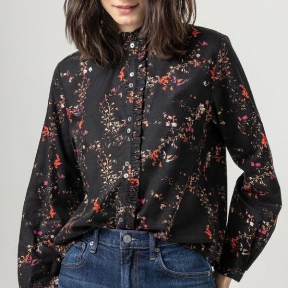 Lilla P Ruffle Button Down Shirt Long Sleeve Black Floral - Picture 1 of 11